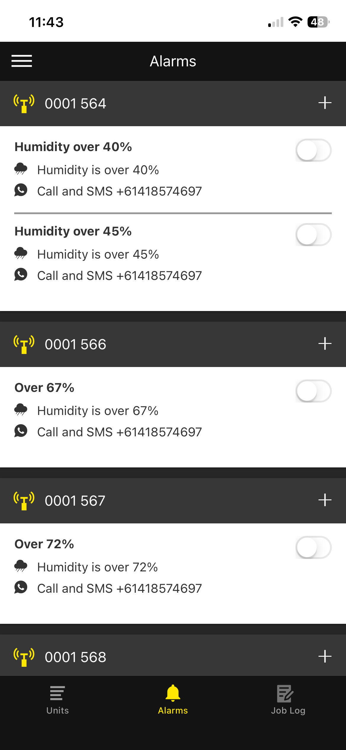 App alarm controls