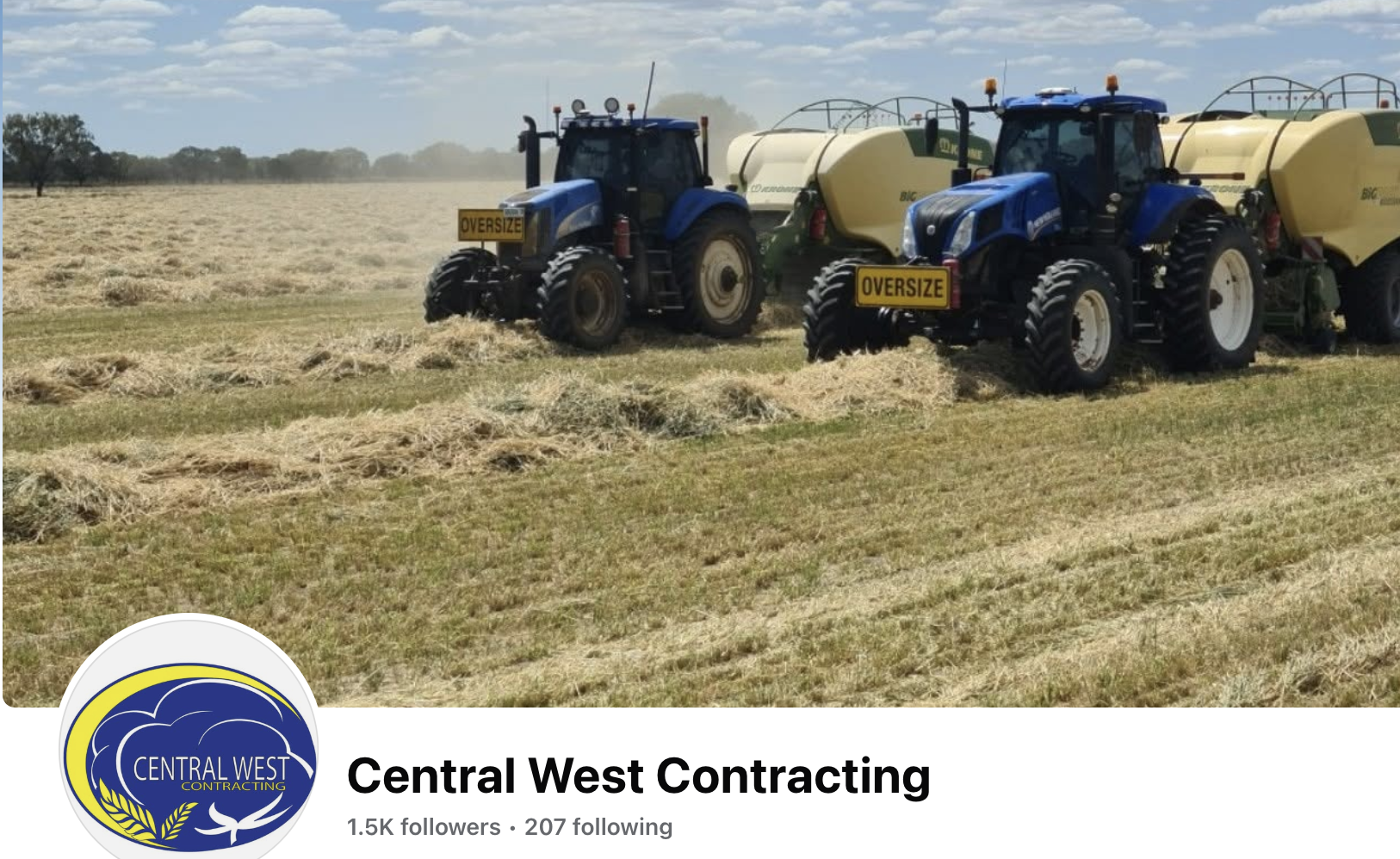 Central West Contracting tractors and balers working in a hay paddock, with the company logo