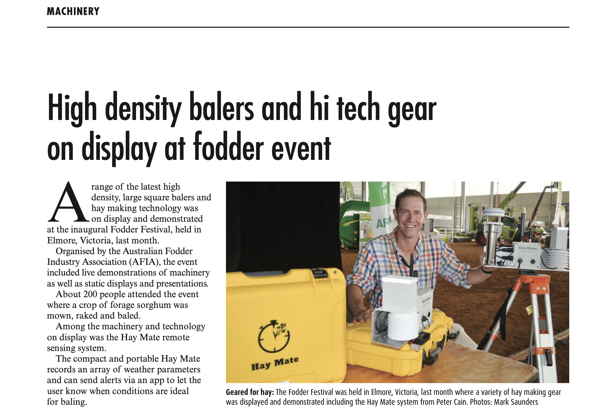 Farming Ahead article about the Fodder Festival, with Peter Cain pictured beside Hay Mate equipment