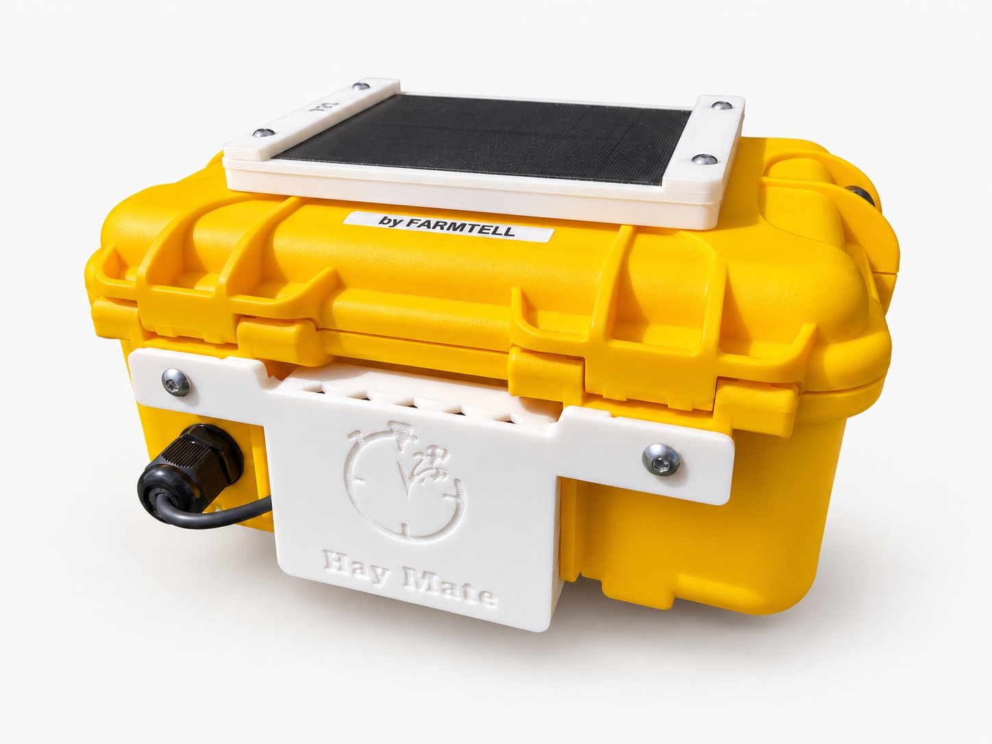 Solar-powered Hay Mate Mini in its protective yellow case