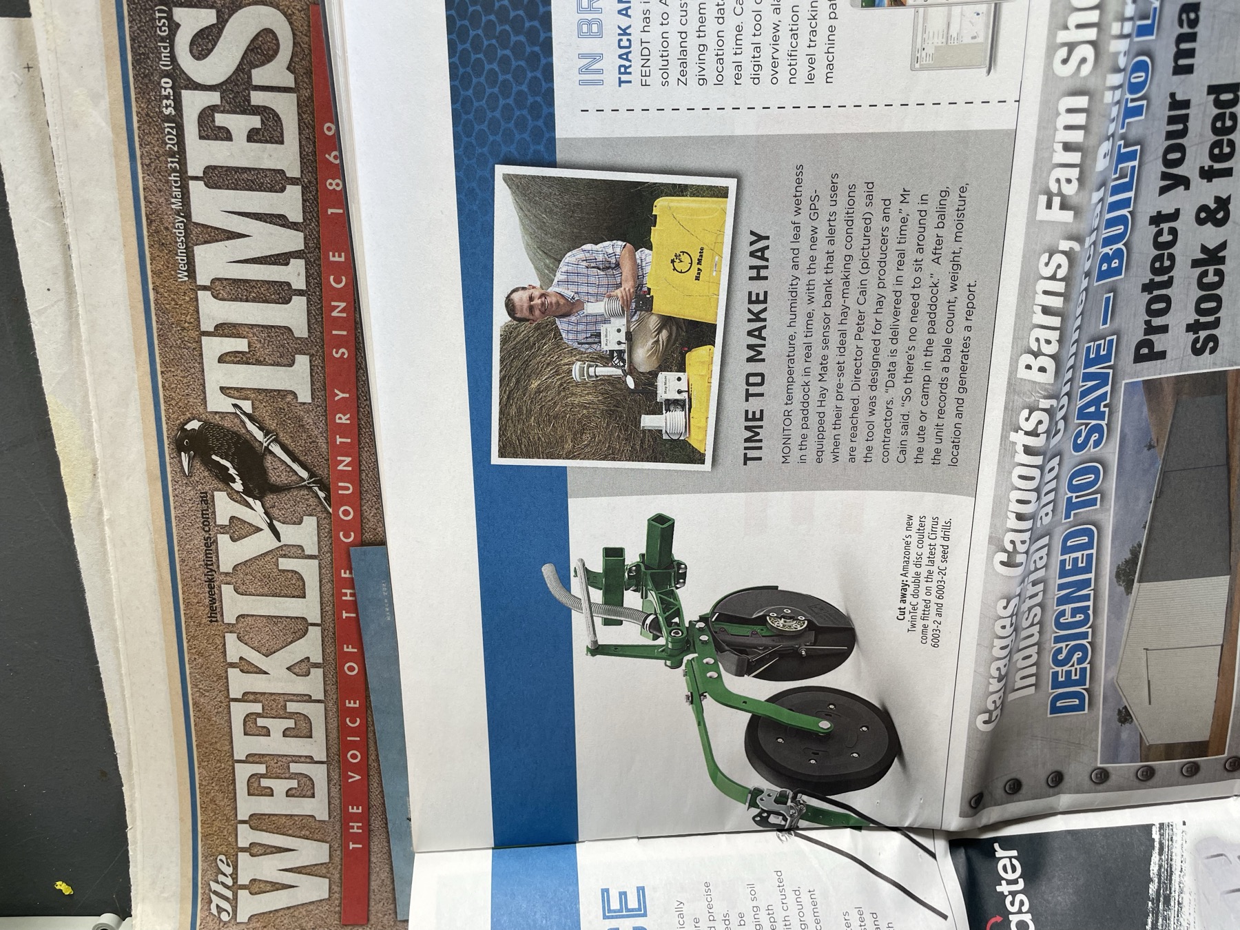 Uploaded newspaper photo showing The Weekly Times masthead and Time to make hay feature